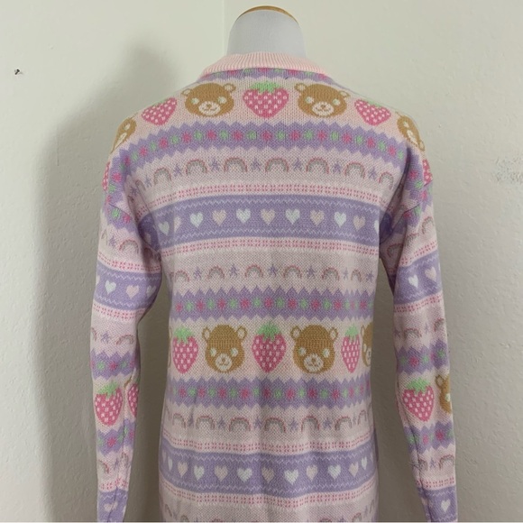Hot Topic Pastel Teddy Bear & Strawberries Cardigan Longline Sweater Kawaii - Picture 13 of 17